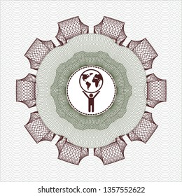 Green and Red rosette. Linear Illustration with man lifting world icon inside