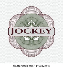 Green and Red rosette. Linear Illustration with text Jockey inside