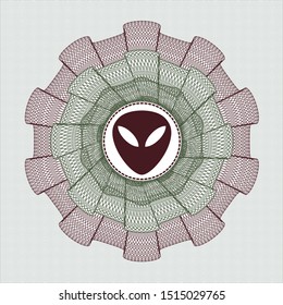 Green and Red rosette. Linear Illustration with alien icon inside