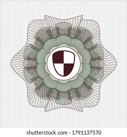 Grüne und rote Rosette. Lineare Illustration. mit Schild, Sicherheitssymbol drinnen