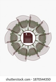 Green and Red rosette. Linear Illustration. with diskette icon inside