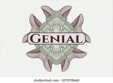 Green and Red rosette (money style emblem) with text Genial inside