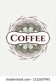 Green and Red rosette or money style emblem with text Coffee inside