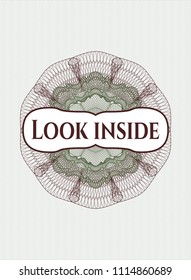 Green and Red rosette or money style emblem with text Look inside inside