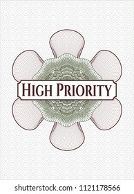 Green and Red rosette (money style emblem) with text High Priority inside