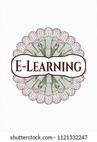 Green and Red rosette (money style emblem) with text E-Learning inside