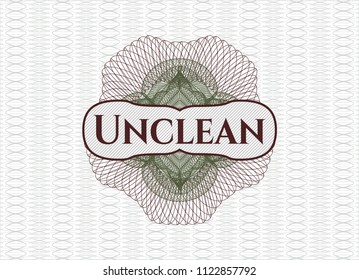 Green and Red rosette or money style emblem with text Unclean inside