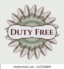 Green and Red rosette (money style emblem) with text Duty Free inside