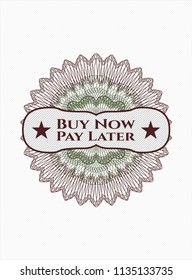 Green and Red rosette or money style emblem with text Buy Now Pay Later inside
