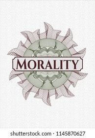 Green and Red rosette or money style emblem with text Morality inside