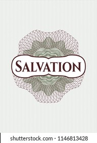 Green and Red rosette (money style emblem) with text Salvation inside