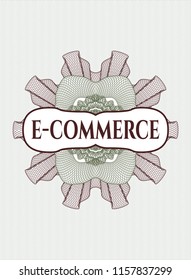 Green and Red rosette (money style emblem) with text e-commerce inside