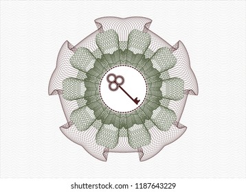 Green and Red rosette or money style emblem with key icon inside