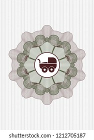 Green and Red rosette (money style emblem) with baby cart icon inside