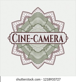 Green and Red rosette (money style emblem) with text Cine-camera inside