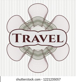 Green and Red rosette (money style emblem) with text Travel inside