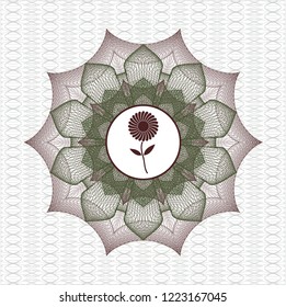 Green and Red rosette or money style emblem with flower icon inside