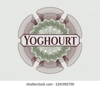 Green and Red rosette (money style emblem) with text Yoghourt inside
