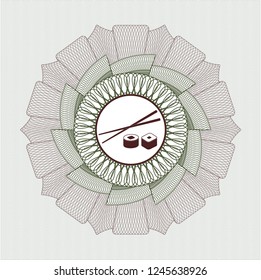 Green and Red rosette or money style emblem with sushi icon inside