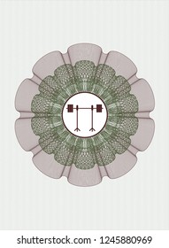 Green and Red rosette (money style emblem) with barbell on rack icon inside