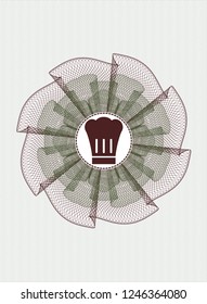 Green and Red rosette (money style emblem) with chef hat icon inside