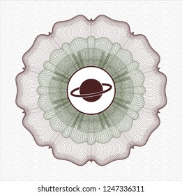 Green and Red rosette (money style emblem) with planet, saturn icon inside
