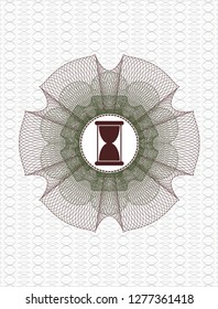 Green and Red rosette or money style emblem with hourglass icon inside