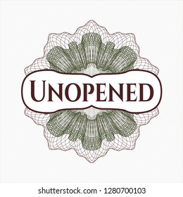 Green and Red rosette (money style emblem) with text Unopened inside