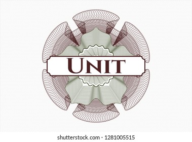 Green and Red rosette (money style emblem) with text Unit inside