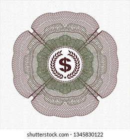 Green and Red rosette or money style emblem with laurel wreath with money symbol inside icon inside