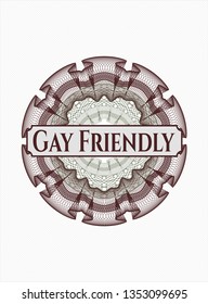 Green and Red rosette or money style emblem with text Gay Friendly inside