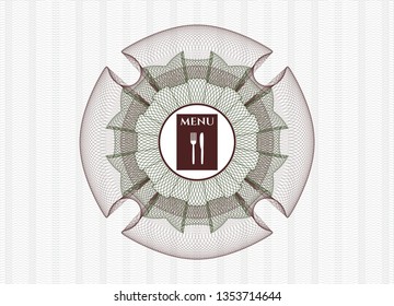 Green and Red rosette (money style emblem) with restaurant menu icon inside