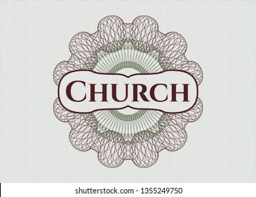 Green and Red rosette (money style emblem) with text Church inside