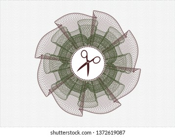 Green and Red rosette or money style emblem with scissors icon inside