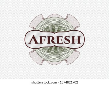 Green and Red rosette (money style emblem) with text Afresh inside