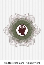 Green and Red rosette or money style emblem with head with jigsaw puzzle piece icon inside
