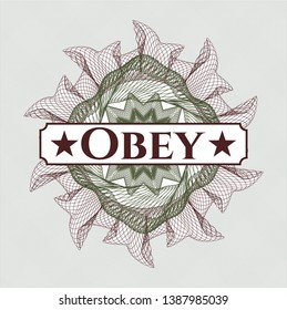 Green and Red rosette (money style emblem) with text Obey inside