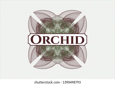 Green and Red rosette (money style emblem) with text Orchid inside