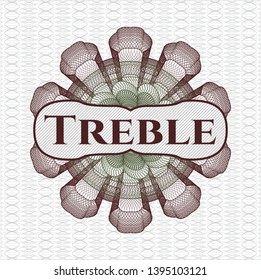 Green and Red rosette (money style emblem) with text Treble inside