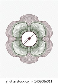 Green and Red rosette or money style emblem with syringe icon inside