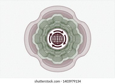 Green and Red rosette (money style emblem) with globalization icon inside
