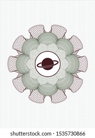 Green and Red rosette (money style emblem) with planet, saturn icon inside