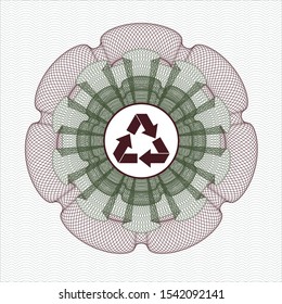 Green and Red rosette (money style emblem) with recycle icon inside