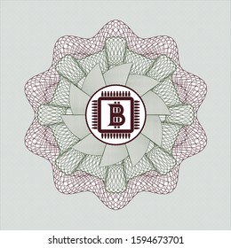 Green and Red rosette (money style emblem) with bitcoin chip (cryptocurrency mining concept) icon inside
