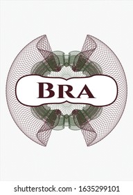 Green and Red rosette or money style emblem with text Bra inside
