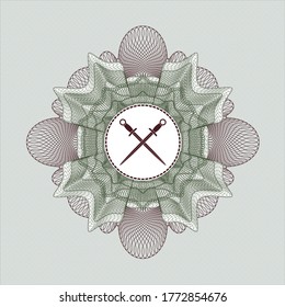 Rosette verde y rojo (emblema del estilo del dinero). con el icono de espadas cruzadas dentro