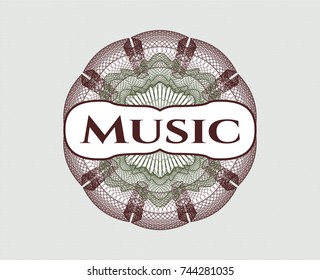 Green and Red rosette or money style emblem with text Music inside