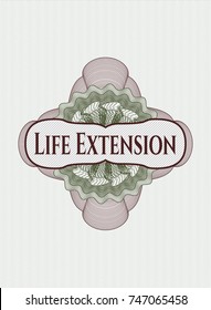 Green and Red rosette or money style emblem with text Life Extension inside