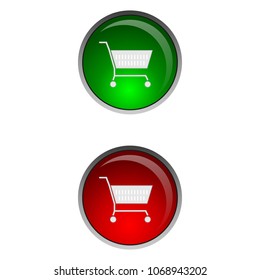 Green and red round button for websites or internet applications, online store, vector illustration buttons, on buttons icon with a picture of a consumer basket, trolley.