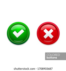 green and red round buttons icons in color confirm and  reject. Glass buttons on black background
